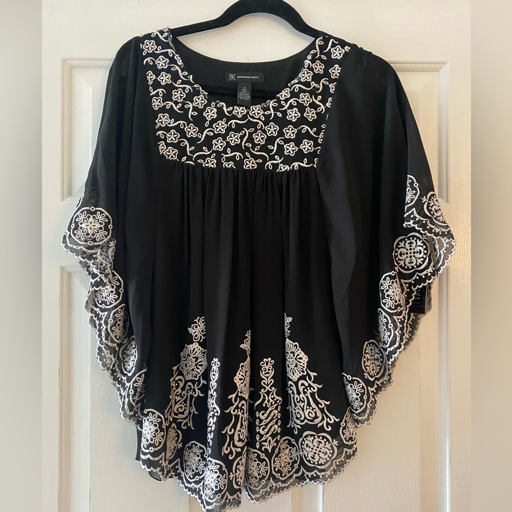 INC International Concepts Black and White Embroidered Blouse